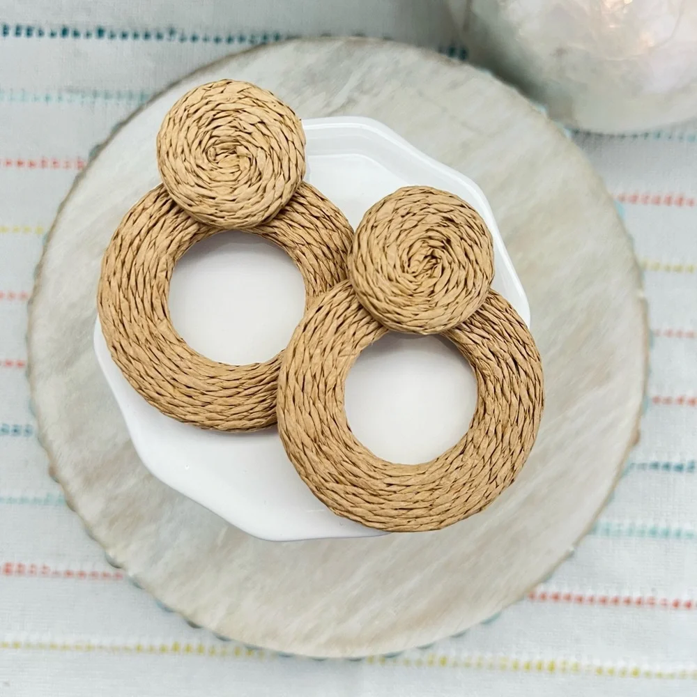 NWT Khaki Natural Raffia Chunky Door Knocker Earrings | Post Back | Boutique